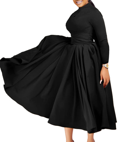 Symina Pleated Maxi Dress for Women African High Waist Big Swing Fall Dresses Plus Size Black