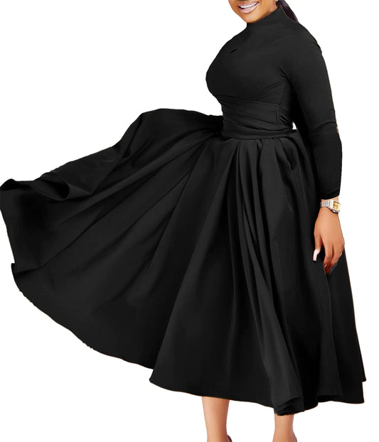 Symina Pleated Maxi Dress for Women African High Waist Big Swing Fall Dresses Plus Size Black